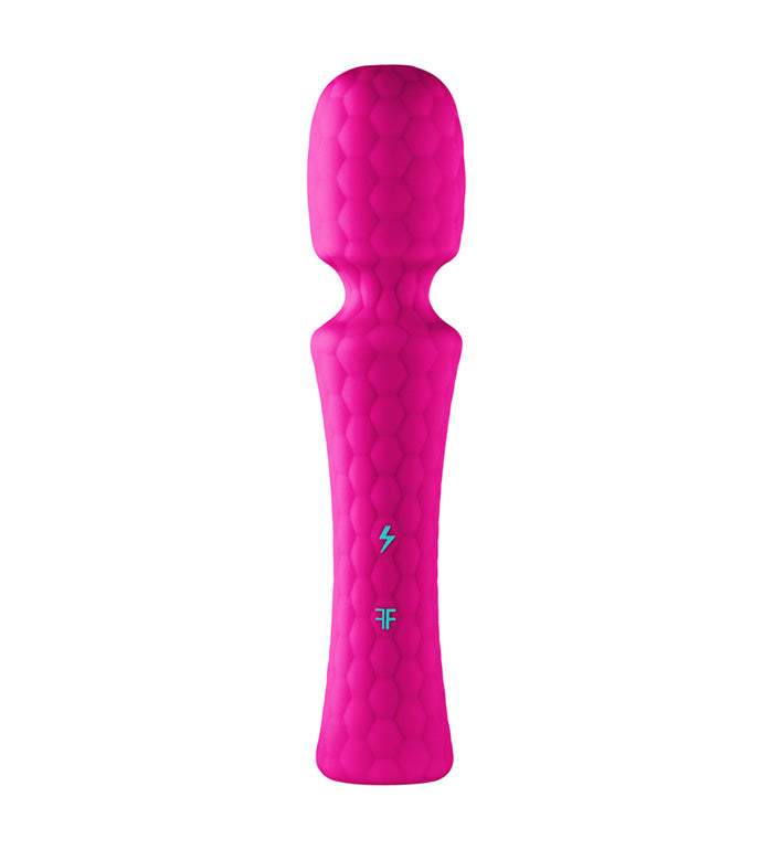 Bright pink textured silicone wand massager with flexible head and two blue control buttons on handle.