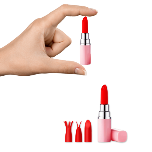Hand holding compact coral lipstick-shaped vibrator with three interchangeable silicone heads displayed below.