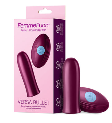 Femme Funn Versa Bullet vibrator and wireless remote in deep purple with pink packaging highlighting features.