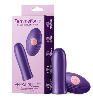Purple Femme Funn Versa Bullet vibrator with wireless remote and packaging highlighting features and modes.