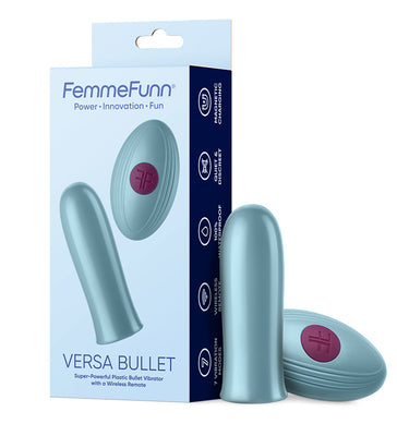 Femme Funn Versa Bullet vibrator and wireless remote in soft blue with packaging highlighting key features.