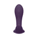 Purple silicone dual-stimulation vibrator with textured surface and ergonomic design.