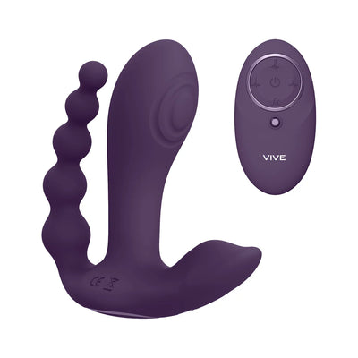 Purple Vive Kata Double Pen Vibe with textured design and matching wireless remote control on white background