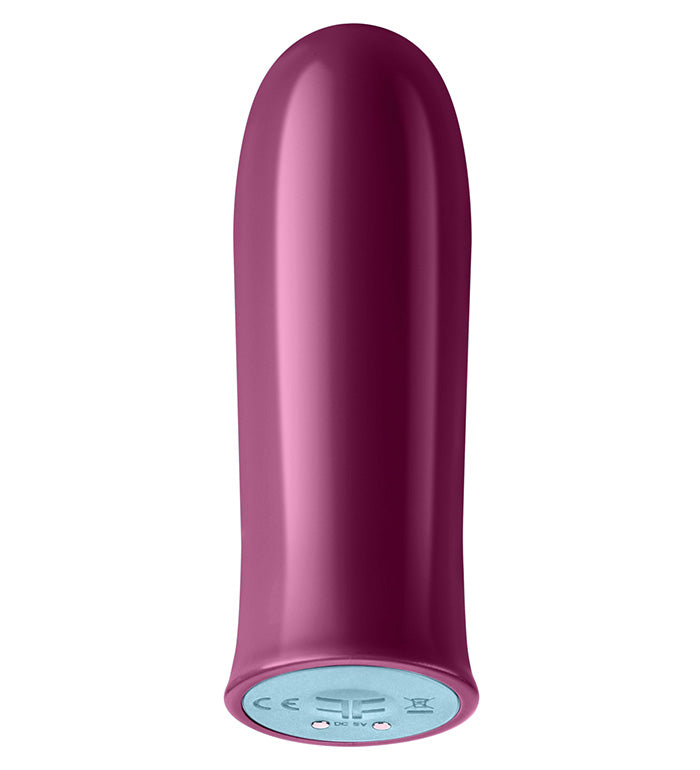 Compact purple bullet vibrator with smooth finish and magnetic charging base shown from bottom view.
