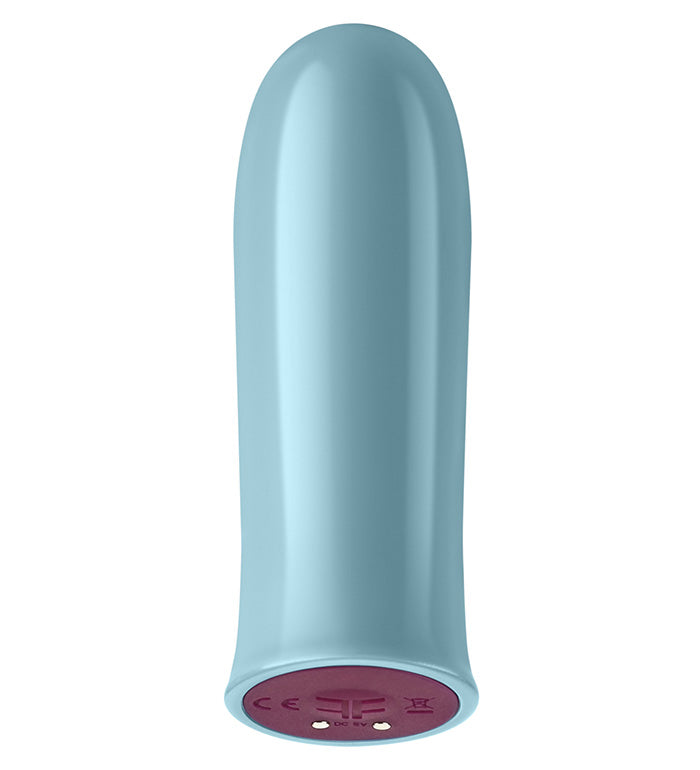Light blue Femme Funn Versa Bullet with rounded tip and maroon base featuring charging ports and control symbols.