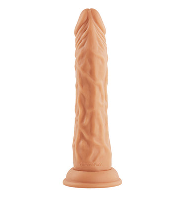 Flesh-toned realistic textured dildo with suction base from Femme Funn Turbo Shaft 2.0, 8.2 inches long.