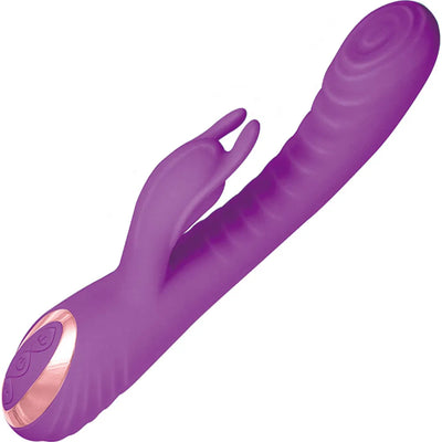 Purple silicone dual-stimulation vibrator with textured shaft and ergonomic control buttons.