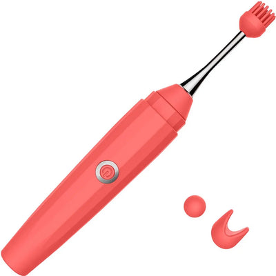 Coral pink Luv Inc OP10 Orgasm Pen with power button and two interchangeable silicone attachments on white background.