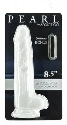 Pearlescent 8.5-inch dong with suction base and power bullet vibrator in black packaging from Addiction Pearl collection.