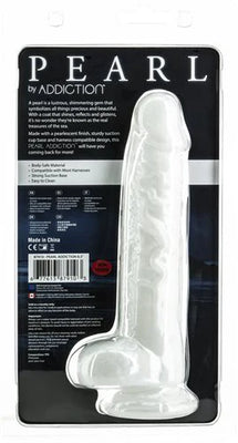 Addiction Pearl Dong 8.5-inch pearlescent dildo with suction cup base in clear retail packaging