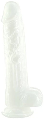 Pearlescent 8.5-inch realistic dildo with suction cup base and textured design for hands-free use.