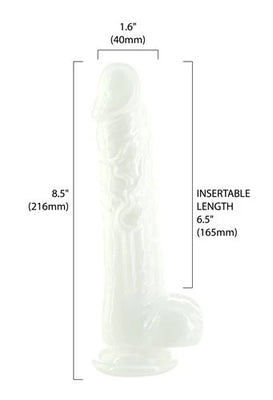 Pearlescent 8.5-inch dong with 1.6-inch diameter and 6.5-inch insertable length, featuring a sturdy suction base.