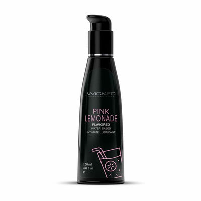 Black bottle of Wicked Pink Lemonade flavored water-based intimate lubricant with a pump dispenser and pink text design.