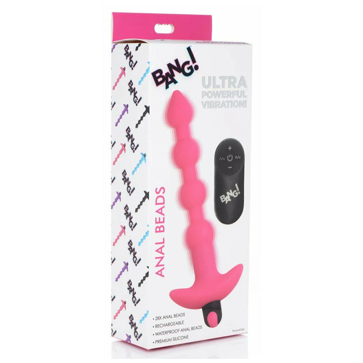 Packaging of Bang vibrating pink silicone anal beads with wireless remote control shown on front of box