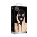 Packaging of Ouch Velvet Mask featuring a black velvet hood with eye and mouth openings worn by a model.