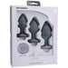 Doc Johnson A-Play 3-piece silicone trainer set with three black tapered butt plugs in small, medium, and large sizes in white packaging.