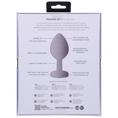 Back packaging of Doc Johnson A-Play Silicone Trainer Set showing product features and dimensions for three sizes.