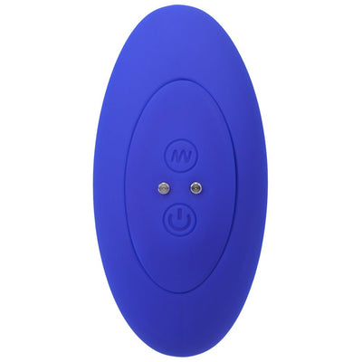 Blue silicone remote control with power and mode buttons for a rechargeable anal plug.