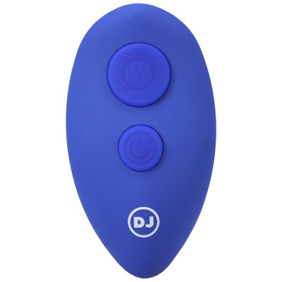 Blue wireless remote control with two buttons for A-Play Expander rechargeable silicone anal plug.