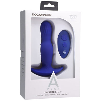 Doc Johnson A-Play Expander silicone anal plug with wireless remote in blue, packaged in a white box.
