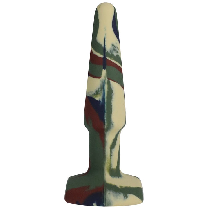 Camouflage-patterned 4-inch silicone anal plug with tapered tip and wide base for safe, comfortable use.