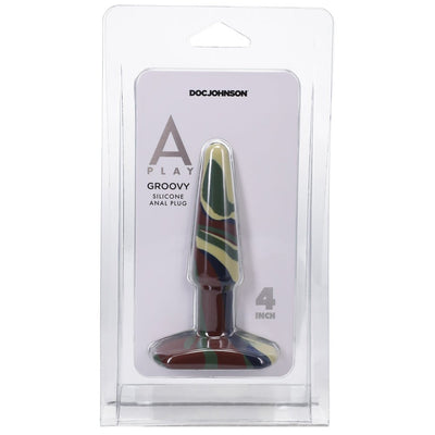 A 4-inch camouflage-patterned silicone anal plug in clear retail packaging with tapered tip and wide base.