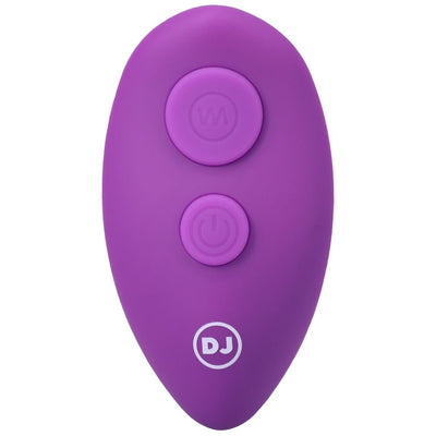 Purple wireless remote control with two buttons for a rechargeable silicone anal plug.