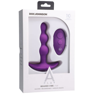 Purple silicone beaded anal plug with wireless remote in white Doc Johnson A-Play packaging.