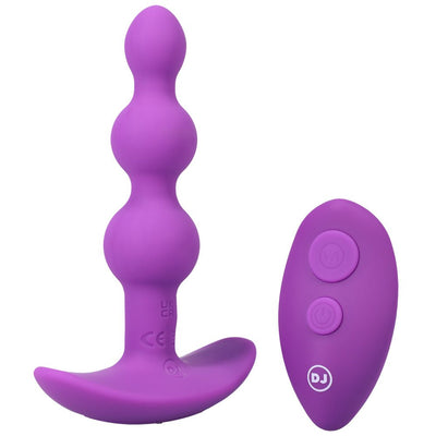 Purple rechargeable silicone beaded anal plug with curved base and matching wireless remote control.