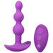 Purple rechargeable silicone beaded anal plug with curved base and matching wireless remote control.
