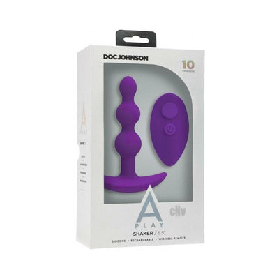 Purple silicone beaded anal plug with wireless remote in white Doc Johnson A-Play packaging.