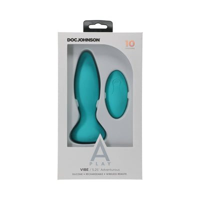 A-Play rechargeable teal silicone anal plug with wireless remote in white retail packaging.