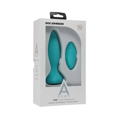 A-Play rechargeable silicone anal plug with wireless remote in teal, packaged in white box with clear window.