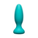 Teal rechargeable silicone anal plug with wide base and power button, designed for comfortable and adventurous use.