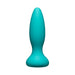 Teal rechargeable silicone anal plug with a tapered shape and wide base, featuring a power button on the base.