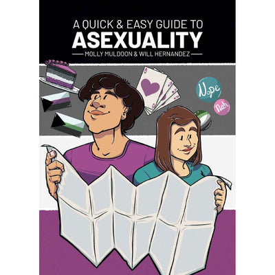 Book cover illustration of two people holding a large map with symbols representing asexuality and rejection phrases like Nope and Nah.