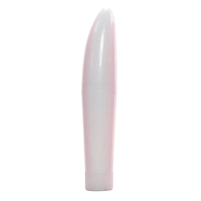 Slim, white 5-inch hard plastic massager with a rounded tip and twist base for battery compartment.