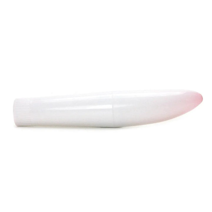 Slim white 5-inch hard plastic Little Genie 100 Orgasms massager with a rounded tip and twist base.