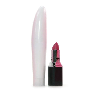 Slim white 5-inch Little Genie 100 Orgasms Massager next to a pink lipstick for size comparison.
