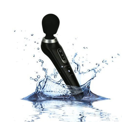 Black Palm Power Extreme Body Massager with silicone head splashing into water, highlighting waterproof design.