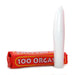 Slim white 5-inch massager standing next to red packaging labeled 100 Orgasms with yellow and white text.