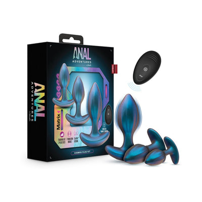 Set of three metallic blue anal plugs in graduated sizes with a wireless remote, displayed next to black packaging box.