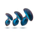 Set of three graduated lunar blue silicone plugs with ergonomic bases, including a vibrating plug with power button.