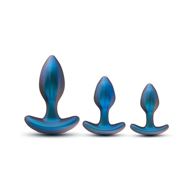 Set of three graduated anal plugs in a metallic lunar blue finish with flared bases for safe use.