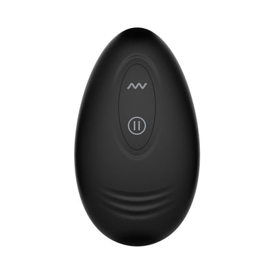 Black wireless remote control with smooth, oval shape and two buttons for vibration mode and pause functions.