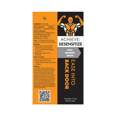 Achieve Desensitize anal numbing cream packaging with usage instructions and ingredients on black and orange background.