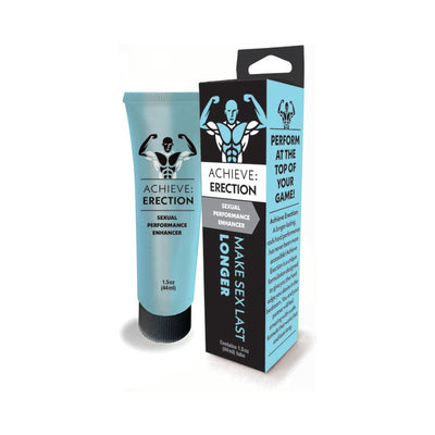 Tube and box of Achieve Erection sexual performance enhancer with blue and black packaging and muscular figure logo.