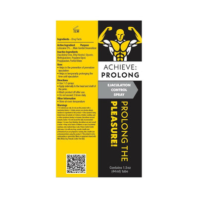 Achieve Prolong ejaculation control spray packaging with usage instructions and muscle graphic on black and yellow background.