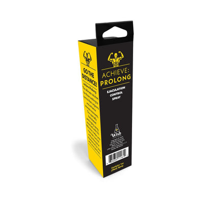 Black and yellow box packaging of Achieve Prolong ejaculation control spray with muscle graphic and product details.