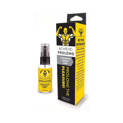 Achieve Prolong ejaculation control spray bottle and black-yellow packaging with muscle graphic and product details.